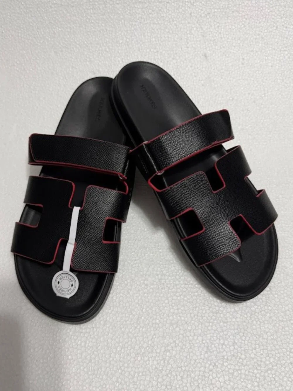 Black Cutout Slide Sandals with Red Trim Adjustable Strap Size 44